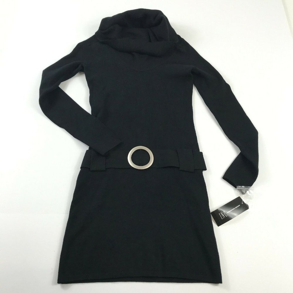 INC International Concepts Sweater Dress Black Cowl Neck Pullover Long Sleeve XS